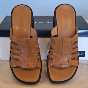 Vintage Y2K Karen Scott Natural Brown Leather Wedge Sandals Women's Size 6.5